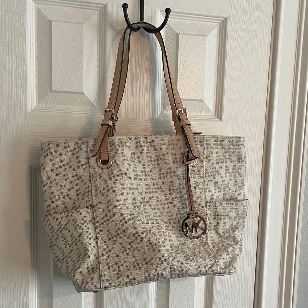 Michael Kors Beige MK Signature Tote with Tan Straps and Gold Hardware